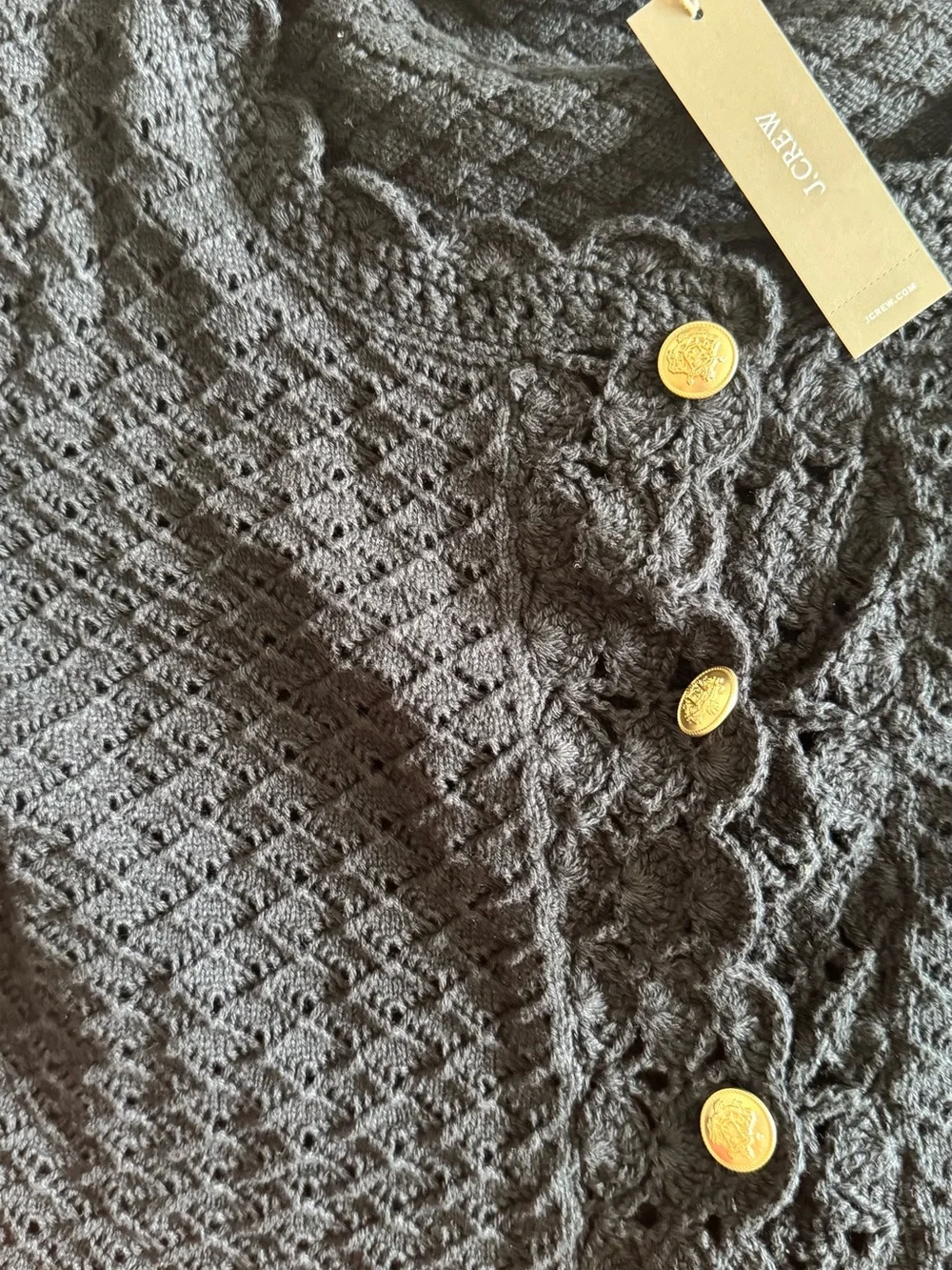 J. Crew Black Crocheted Scallop-Trim Cardigan with Gold Button (M)